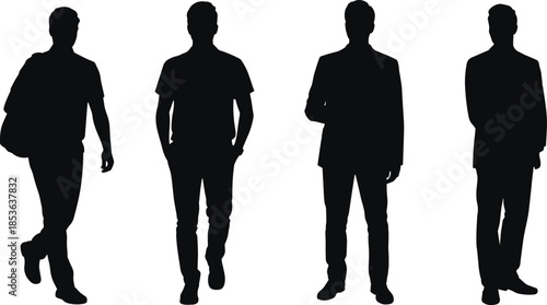 Male walking and standing silhouette collection, casual and business men poses, black human figures isolated on white background