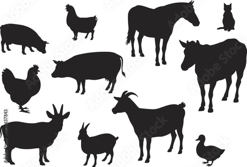 Farm animals silhouettes collection, cow horse pig goat chicken duck cat, domestic livestock countryside illustration vector set