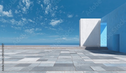 Modern architectural structure with vast sky and serene water