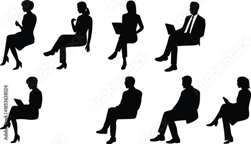 Sitting business people silhouette set, men and women working on laptops and phones, professional office poses black vector figures isolated