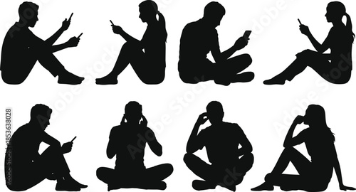 People using smartphones silhouette set, sitting men and women texting on mobile phones, modern digital lifestyle vector illustration isolated background