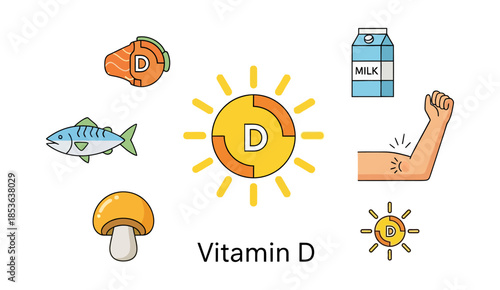 Vitamin D sources and benefits infographic featuring sun icon, fatty fish, mushrooms, milk, and muscle strength symbols