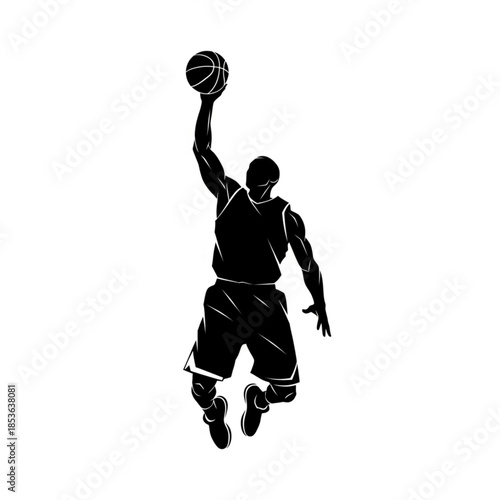 Silhouette of a muscular basketball player jumping up for a slam dunk against a white background, graphic vector art.