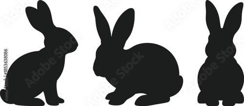 Rabbit silhouette collection, bunny animal side and front views, black wildlife mammal vector illustration, cute nature design, isolated on white background