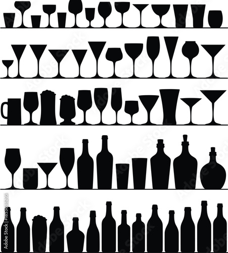 Black silhouette bar glassware collection with bottles on shelves, minimalist drinkware shapes, modern restaurant bar decor illustration background