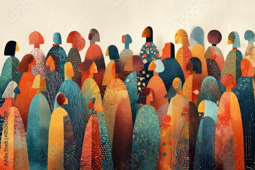 Watercolor depiction of a diverse crowd of figures, with varied skin tones and attire