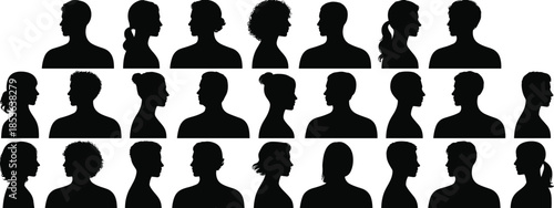 People head silhouette set, male female profile portraits, diverse human face side views, black vector illustration, avatar identity collection, isolated on white background