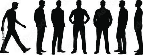 Black silhouette men standing and walking in different poses, business people concept, male figures collection, minimalist illustration