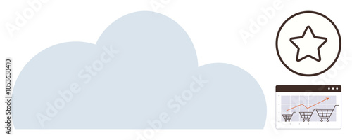 Cloud symbol with rising cart graph, shopping carts in analytics window, and star for quality. Ideal for cloud computing, e-commerce, analytics, quality assurance, marketing, data insights online