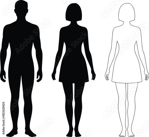 Male and female body silhouette set with outline figure, human anatomy comparison, gender proportions, fashion, medical, fitness illustration vector design