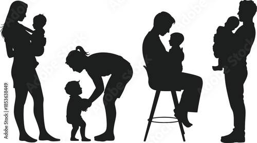 Black silhouette parents with babies and toddlers, motherhood and fatherhood moments, family care concept, minimalist parenting illustration