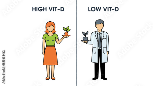 Comparison illustration between high and low Vitamin D levels showing a healthy woman with a thriving plant versus a doctor with a wilting plant.