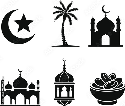 Islamic religious silhouette icons set with crescent moon mosque lantern dates palm tree, Muslim culture symbols isolated on white background