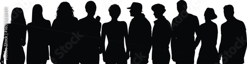 Black silhouette group of diverse people standing together, teamwork community concept, anonymous crowd figures, minimalist human illustration design