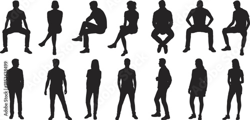 Sitting and standing people silhouette set, men and women casual poses collection, black vector human figures isolated background white backdrop