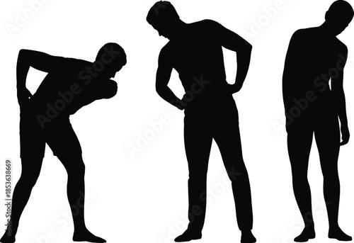 Male silhouettes stretching poses, back pain posture concept, fitness anatomy movement, health problem illustration, black human shadow figures, minimal vector