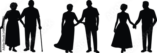 Black silhouette couples holding hands showing young and elderly love, relationship stages, family life concept, minimalist people illustration