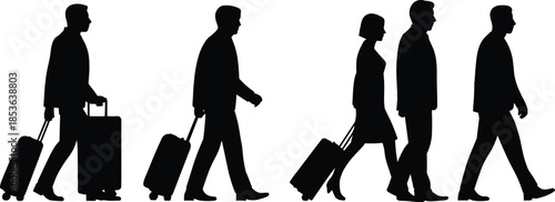 Walking travelers silhouettes with rolling suitcases, men and women airport passengers, business commuting people isolated on white background set