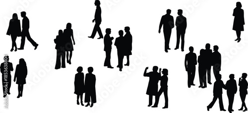 Business people silhouette set, crowd walking standing talking figures, male female office workers, black vector illustration, urban social interaction, isolated on white background