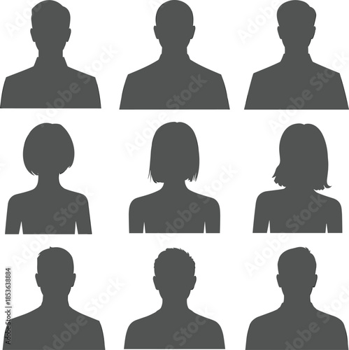 Abstract user avatar silhouettes collection, diverse profile icons set, anonymous people placeholders for social media, business, web design, marketing, templates