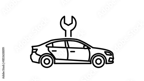 Car repair service icon with sedan silhouette and wrench