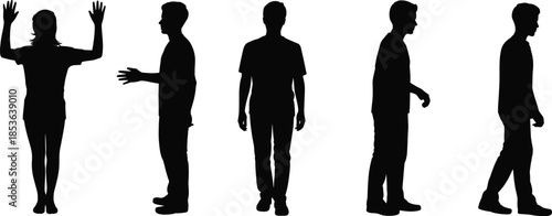 Standing and walking people silhouette set, male and female human poses collection, black vector figures isolated on white background