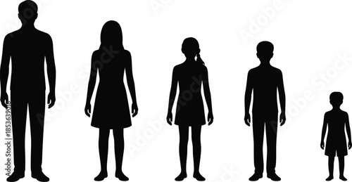 Family silhouette set, father mother children figures, human generation height comparison, black vector illustration, people standing poses, isolated on white background
