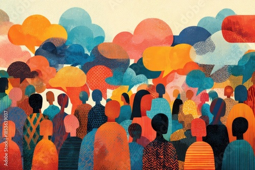 An illustrated crowd with layered figures and overlapping speech bubbles conveying diverse dialogue