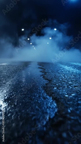 Mysterious Dark Night Road with Fog and Glowing Lights Tunnel Effect