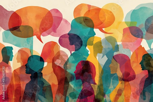 Abstract image of diverse silhouetted figures with overlapping colorful speech bubbles