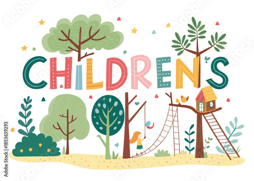 Playful children's illustration with colorful trees, girl on a swing, and whimsical treehouse for storybooks, educational materials, and cheerful designs
