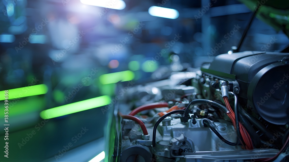 Fototapeta premium Electric Vehicle Motor Close Up Showcasing Sustainable Automotive Engineering Innovation