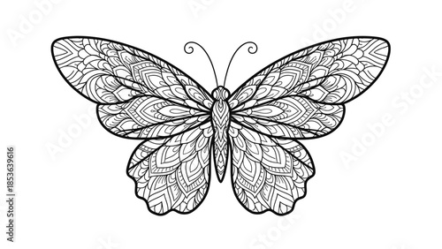Intricate mandala butterfly silhouette. Decorative insect with ornate floral patterns. Hand-drawn vector illustration for adult coloring book, tattoo design, or bohemian decor.
