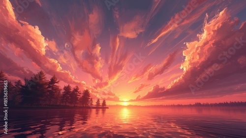 Vibrant sunset over calm lake