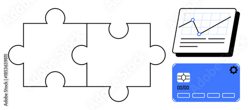 Two interlocking puzzle pieces beside a graph and a credit card highlight collaboration, data analysis, and financial management. Ideal for problem-solving, teamwork, strategy, technology, business