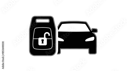 Car remote keyless entry icon with vehicle silhouette. Automotive security system and central locking symbol. Minimalist black icon for transport services.
