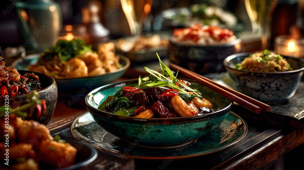 Obraz premium Steaming Asian-inspired dinner with glazed tofu, greens and noodles served on rustic table, perfect for restaurant promo, menu design