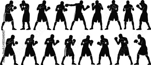 Boxing fighter silhouette set, male boxer training punches, combat sport action poses, kickboxing workout illustration, isolated black figures on white