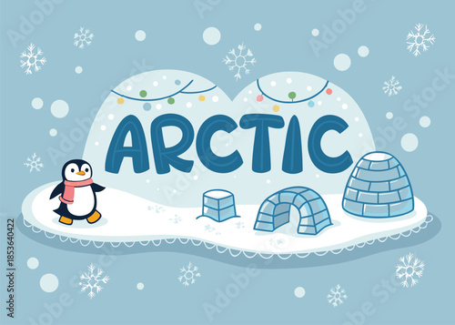 Adorable penguin exploring a whimsical arctic scene with igloos and snowflakes, perfect for children's books and holiday cards during the winter season