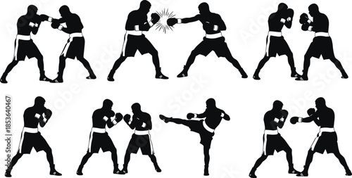 Boxing silhouettes collection showing fighters sparring punches and kicks, combat sport action poses, black human figures isolated white background vector