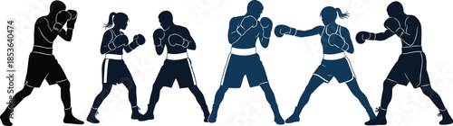 Boxing silhouettes sparring action poses, male female fighters training punches, combat sport fitness illustration, isolated athlete collection dynamic professional set
