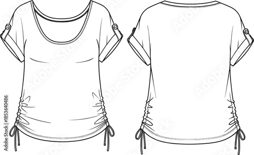 Scoop Neck Womens T-Shirt with Rolled Button Tab Sleeves and Adjustable Ruched Drawstring Sides Garment Technical Flat Sketch Vector Template Illustration