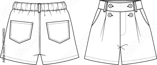 Technical fashion sketch (front and back view) of a chic cropped wrap blouse with elbow-length puff sleeves, shirred back, and a wide buckled belt, vector template for modern apparel design.