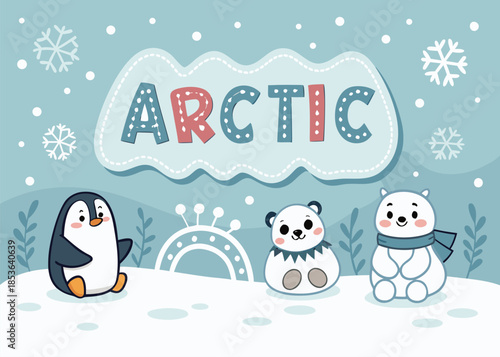 Adorable penguin and polar bear friends in a snowy Arctic wonderland, perfect for children's books, educational materials, and winter themed projects