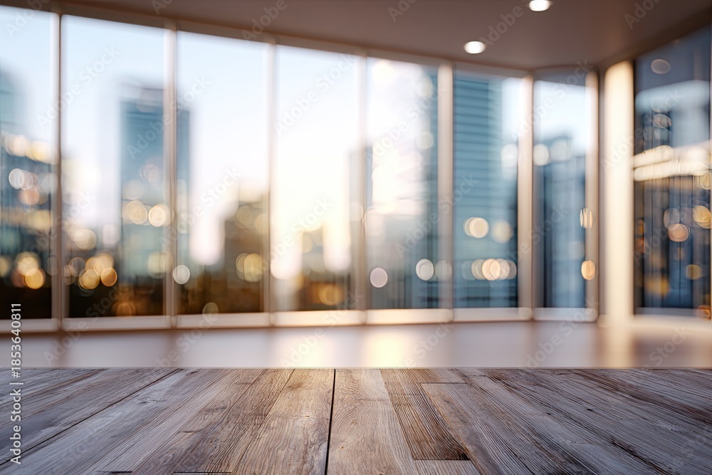 Fototapeta premium Warm, sunlit office space with wooden floor and city skyline backdrop