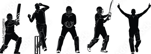 Cricket player silhouettes showing batting bowling wicket keeping celebration poses, sport action collection isolated on white background vector illustration design