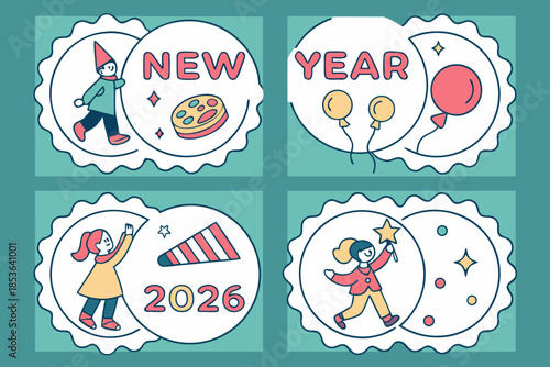 Happy New Year 2026 celebration stickers with kids
