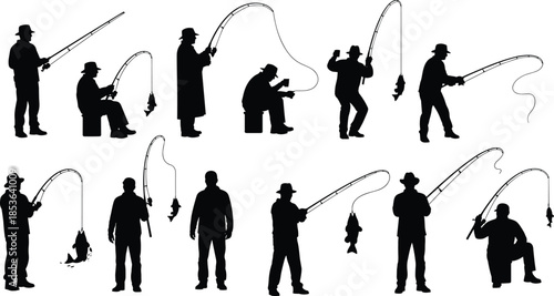 Fishing silhouettes with rods and caught fish, anglers casting reeling poses, outdoor hobby activity, isolated fisherman illustration collection