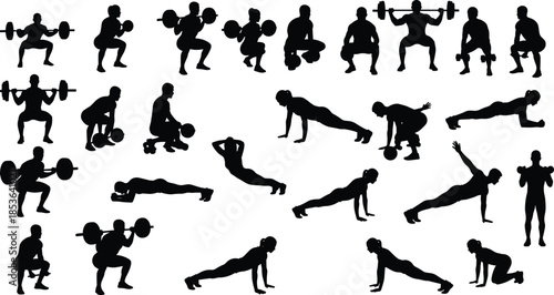 Fitness training silhouettes performing strength exercises, weightlifting squats push ups workouts, gym bodybuilding routines, athletic body movements illustration set
