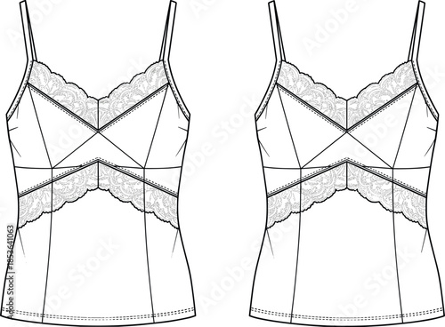 Technical flat sketch (front and back view) of a fitted lace camisole or cami top with thin straps, lace trim, and decorative front panelling, vector template for intimate apparel design.